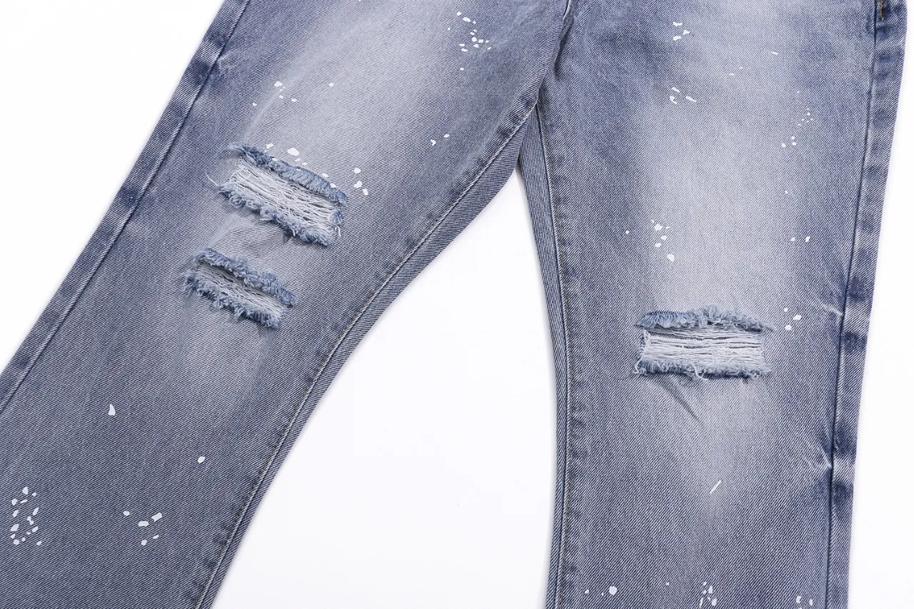p240 (detail picture) 638#Gallery Dept new style splash ink hole knife cut washed blue micro-flare jeans versatile casual pants American high street trousers washed blue S~XL
